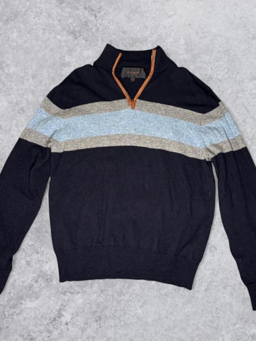 Coach Navy Blue Quarter-Zip Sweater With Leather Elbow Patches - Size XL